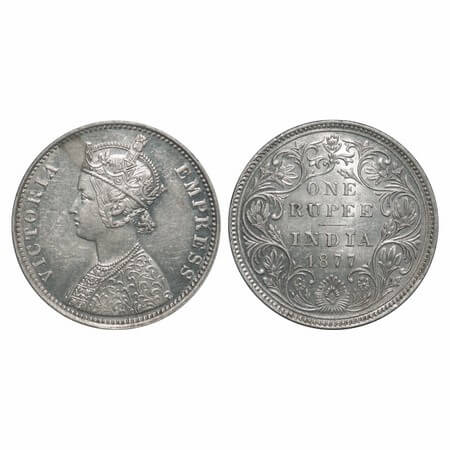 Victoria Empress, Silver, Rupee, 1877, Bombay Mint, A3/II(i), Dot. F. Prid Unlisted. GK 44
