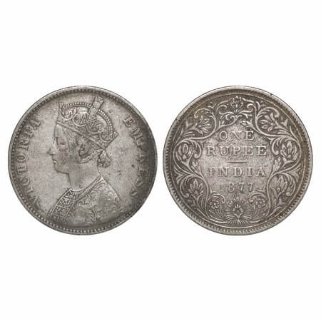 Victoria Empress, Silver, Rupee, 1877, Bombay Mint, A6/II, Dot, The Queens jabot has 3 & 3