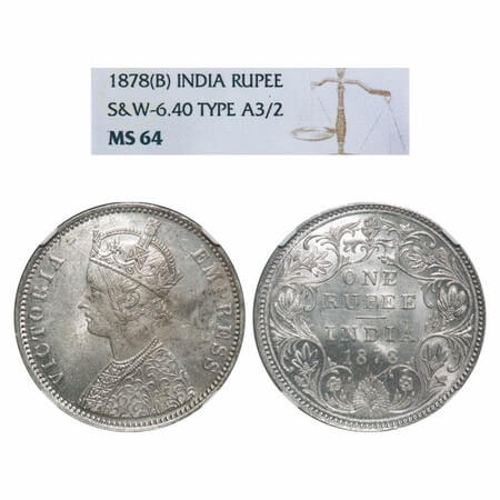 Victoria Empress, Silver, Rupee, 1878, Bombay Mint, A3/II(ii), Dot, The flower above 'O' o