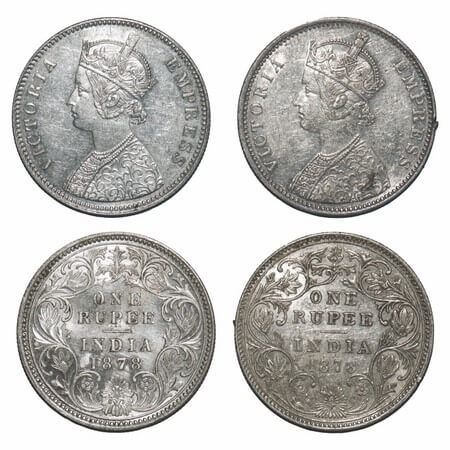 Victoria Empress, Silver, Rupee, (2 coins), 1878, 1) Bombay Mint, A3/II(ii), Dot, 2) Calcu