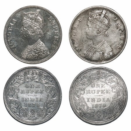 Victoria Empress, Silver, Rupee, (2 coins), 1879, 1) Bombay Mint, A3/II(iii), Dot, 2) Calc