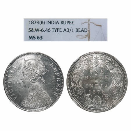 Victoria Empress, Silver, Rupee, 1879, Bombay Mint, A3/I, Dot. F. Prid 154. GK 460. NGC Sl