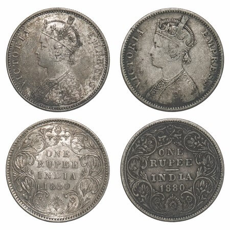 Victoria Empress, Silver, Rupee, (2 coins), 1880, Bombay Mint, 1) A3/II(i), Dot, 2) A3/II(