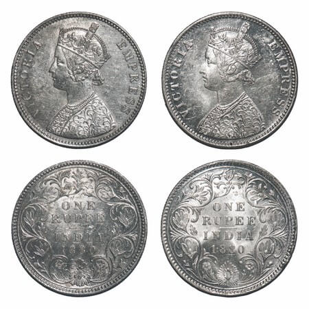 Victoria Empress, Silver, Rupee, (2 coins), 1880, 1) Bombay Mint, A3/II(iv), Dot, 2) Calcu