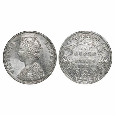 Victoria Empress, Silver, Rupee, 1882, Bombay Mint, A3/I, Dot, The Queen's jabot has 3 & 3