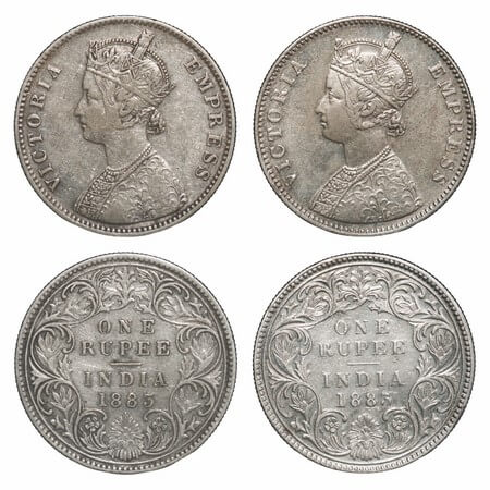 Victoria Empress, Silver, Rupee, (2 coins), 1883, Bombay Mint, 1) A3/I, Dot, 2) A3/I, 'B' 