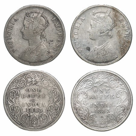 Victoria Empress, Silver, Rupee, (2 coins), 1883, 1) Bombay Mint, A3/I, 'B' raised, 2) Cal