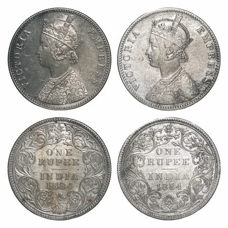 Victoria Empress, Silver, Rupee, (2 coins), 1884, Bombay Mint, 1) A3/II(i), 'B' raised bot
