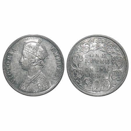 Victoria Empress, Silver, Rupee, 1884, Bombay Mint, A3/I, 'B' raised. F. Prid 167. GK 489.