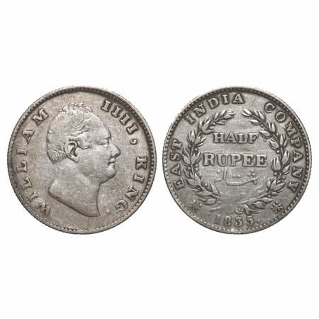 William IV, Silver, Half Rupee, 1835, Calcutta Mint, A/I(ii), 'F' incused, Large and thick