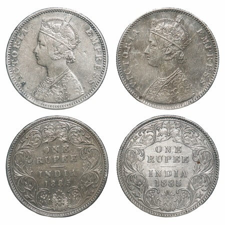 Victoria Empress, Silver, Rupee, (2 coins), 1885, Bombay Mint, 1) A3/I, 'B' raised, 2) C2/