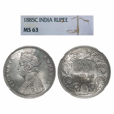 Victoria Empress, Silver, Rupee, 1885, Calcutta Mint, A1/I, 'C' incused, Top stroke of num