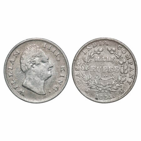 William IV, Silver, Half Rupee, 1835, Calcutta Mint, A/I, 'F' incused, Large and thick siz