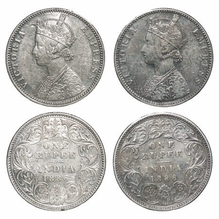 Victoria Empress, Silver, Rupee, (2 coins), 1886, Bombay Mint, 1) C2/I, 'B' incused, 2) C2