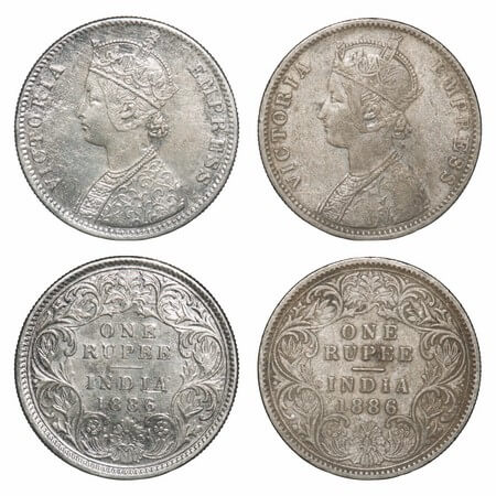 Victoria Empress, Silver, Rupee, (2 coins), 1886, Calcutta Mint, 1) A4/I(i), 'C' incused, 