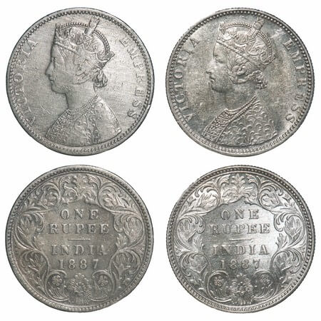 Victoria Empress, Silver, Rupee, (2 coins), 1887, Bombay Mint, 1) C2/I(ii), 'B' raised, 2)