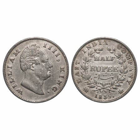 William IV, Silver, Half Rupee, 1835, Calcutta Mint, A/II, 'F' raised, Large and thick siz