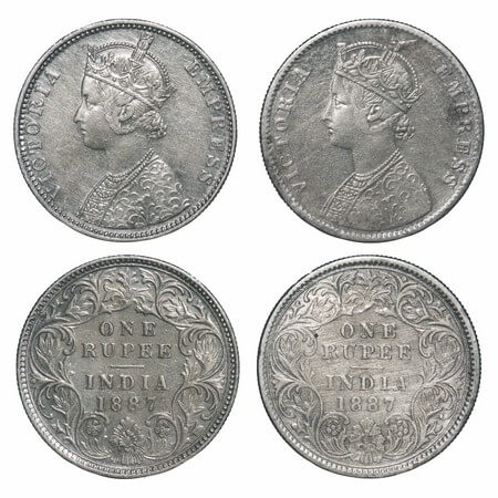 Victoria Empress, Silver, Rupee, (2 coins), 1887, 1) Bombay Mint, C2/I(ii), 'B' incused, B