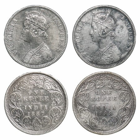 Victoria Empress, Silver, Rupee, (2 coins), 1) 1887, Calcutta Mint, C3/I(i), 'C' incused, 