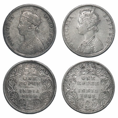 Victoria Empress, Silver, Rupee, (2 coins), 1888, 1) Bombay Mint, C2/I, 'B' incused, 2) Ca