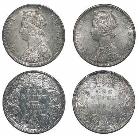 Victoria Empress, Silver, Rupee, (2 coins), 1890, 1) Bombay Mint, C2/I, 'B' incused, 2) Ca