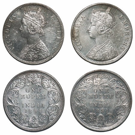 Victoria Empress, Silver, Rupee, (2 coins), 1891, 1) Bombay Mint, C2/I, 'B' incused, 2) Ca