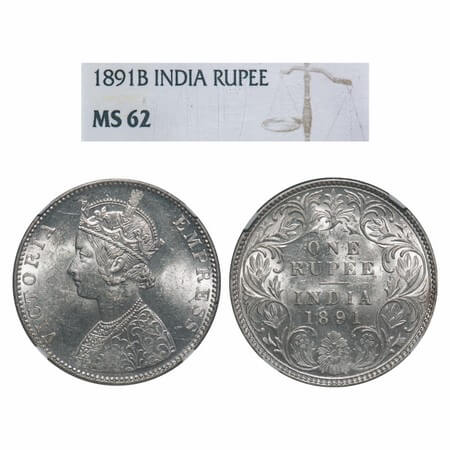 Victoria Empress, Silver, Rupee, 1891, Bombay Mint, C2/I, 'B' incused. F. Prid 179. GK 569