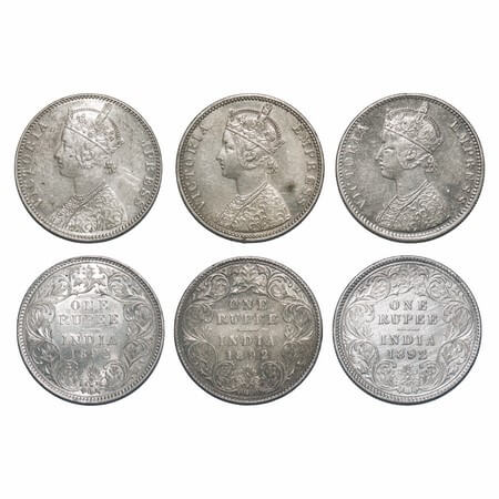 Victoria Empress, Silver, Rupee, (3 coins), 1892, 1) Bombay Mint, C2/I, 'B' incused, 2) Bo