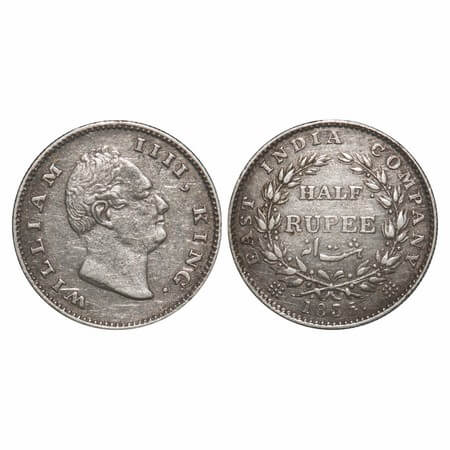 William IV, Silver, Half Rupee, 1835, Calcutta Mint, A/II, 'F' raised, Large and thick siz