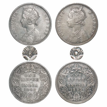 Victoria Empress, Silver, Rupee, 1892, (2 coins), Bombay Mint, C2/I(ii), 'B' raised, 1) Sm
