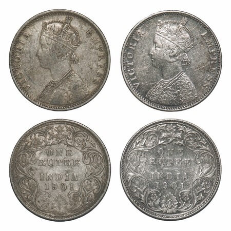Victoria Empress, Silver, Rupee, (2 coins), 1901, Bombay Mint, 1) A3(i)/I(ii), 'B' incused