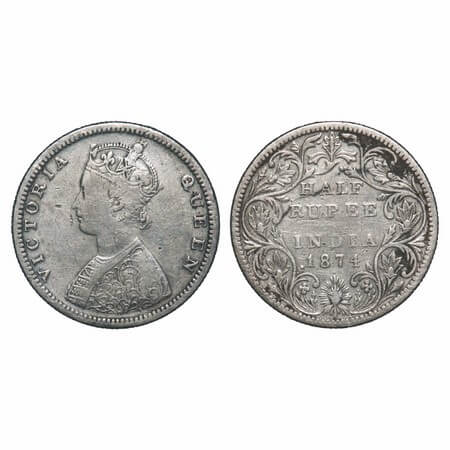 Victoria Queen, Silver, Half Rupee, 1874, Bombay Mint, B2/II, Dot. F. Prid 285. GK 600. Ve