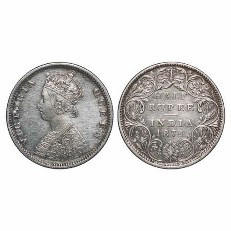 Victoria Queen, Silver, Half Rupee, 1874, Bombay Mint, B2/II, Dot, Queen's jabot has 4 & 1