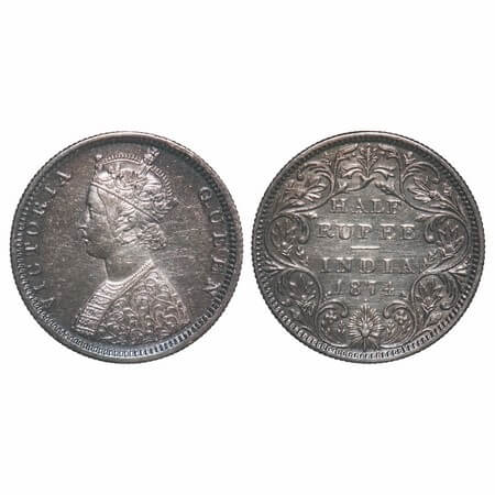 Victoria Queen, Silver, Half Rupee, 1874, Bombay Mint, B2/II, Dot, Queen's jabot has 4 & 1