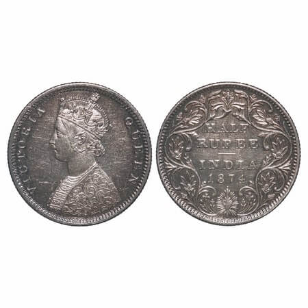 Victoria Queen, Silver, Half Rupee, 1874, Bombay Mint, B2/II, Dot, Queen's jabot has 4 & 1