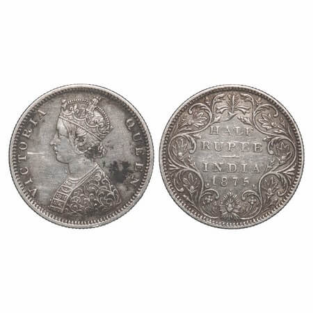 Victoria Queen, Silver, Half Rupee, 1875, Bombay Mint, B2/II, Dot. F. Prid 286. GK 602. Ex