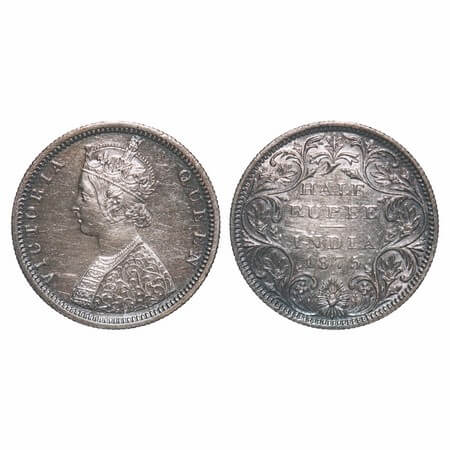 Victoria Queen, Silver, Half Rupee, 1875, Bombay Mint, B2/II, Dot, Queen's jabot has 4 & 1