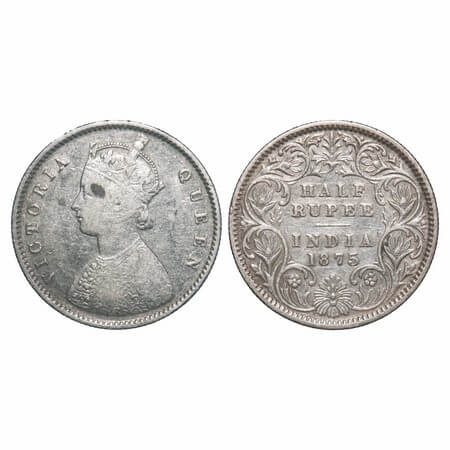 Victoria Queen, Silver, Half Rupee, 1875, Calcutta Mint, A/I, No mint mark F. Prid 260. GK