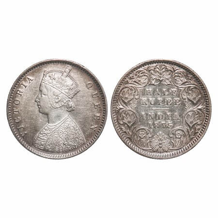 Victoria Queen, Silver, Half Rupee, 1875, Calcutta Mint, A/I, No mint mark, Queen's jabot 