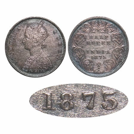 Victoria Queen, Silver, Half Rupee, 1875, Calcutta Mint, A/I, No mint mark, Queen's jabot 