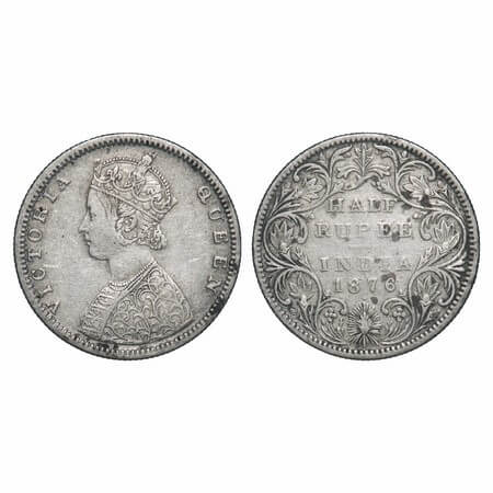 Victoria Queen, Silver, Half Rupee, 1876, Bombay Mint, B2/II, Dot, The Queens jabot has 4 