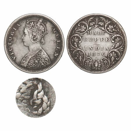 Victoria Queen, Silver, Half Rupee, 1876, Bombay Mint, B2/II, Dot, The Queens jabot has 4 