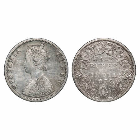 Victoria Queen, Silver, Half Rupee, 1876, Bombay Mint, B2/II, Dot. F. Prid 287. GK 606. Ex