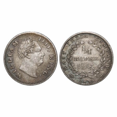 William IV, Silver, 1/4 Rupee, 1835, Calcutta Mint, R.S. incused, B/I, Medium thin sized l