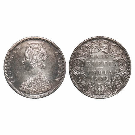Victoria Queen, Silver, Half Rupee, 1876, Bombay Mint, B2/II, Dot, Queen's jabot has 4 & 1