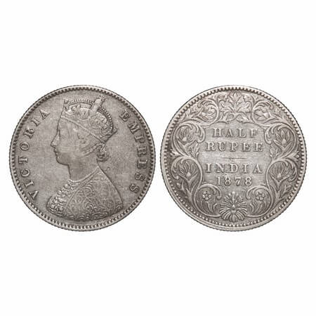 Victoria Empress, Silver, Half Rupee, 1878, Calcutta Mint, A/I, No mint mark. F. Prid 262.