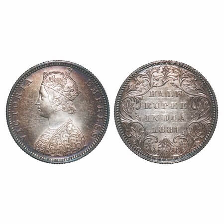 Victoria Empress, Silver, Half Rupee, 1881, Bombay Mint, B2/II, Dot. F. Prid 289. GK 615. 