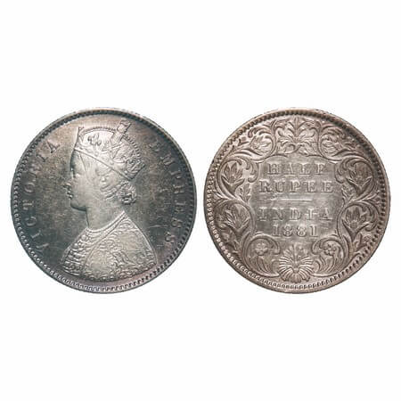 Victoria Empress, Silver, Half Rupee, 1881, Calcutta Mint, A/I, 'C' incused, Ghost on Rev,