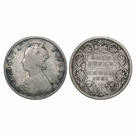 Victoria Empress, Silver, Half Rupee, 1881, Calcutta Mint, A/I, 'C' incused, The Queens ja