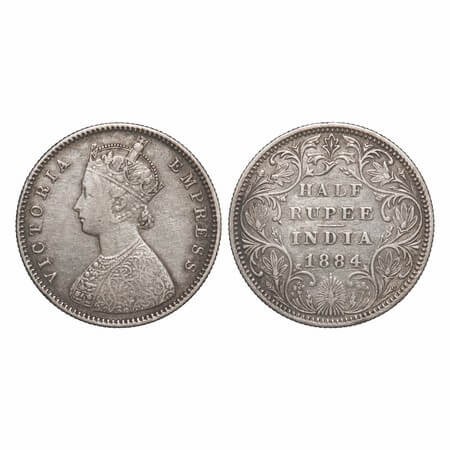 Victoria Empress, Silver, Half Rupee, 1884, Bombay Mint, A/II(i), Dot, Top flower centre v